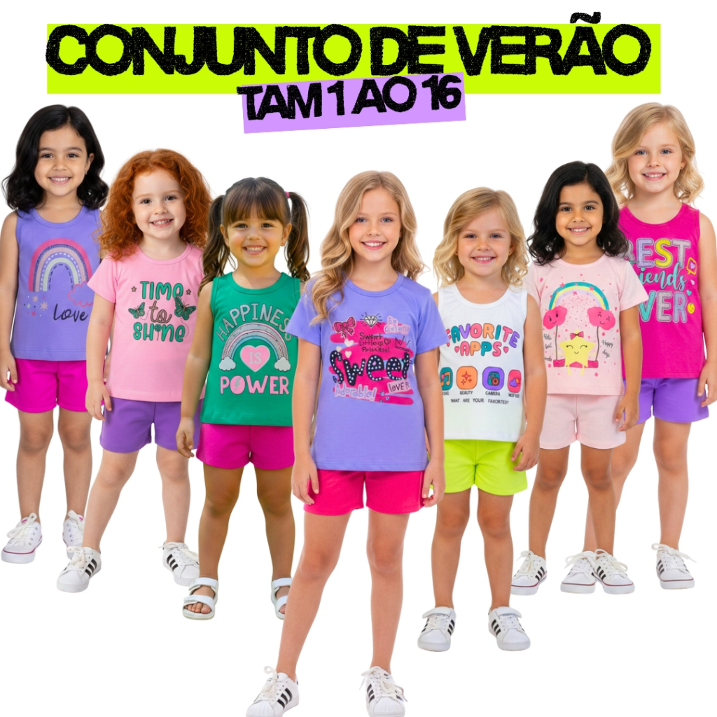 Kit 4 Peças Conjunto Infantil Feminino 2 Bermuda e 2 Camiseta Regata Roupa Verão Menina  1 ao 16