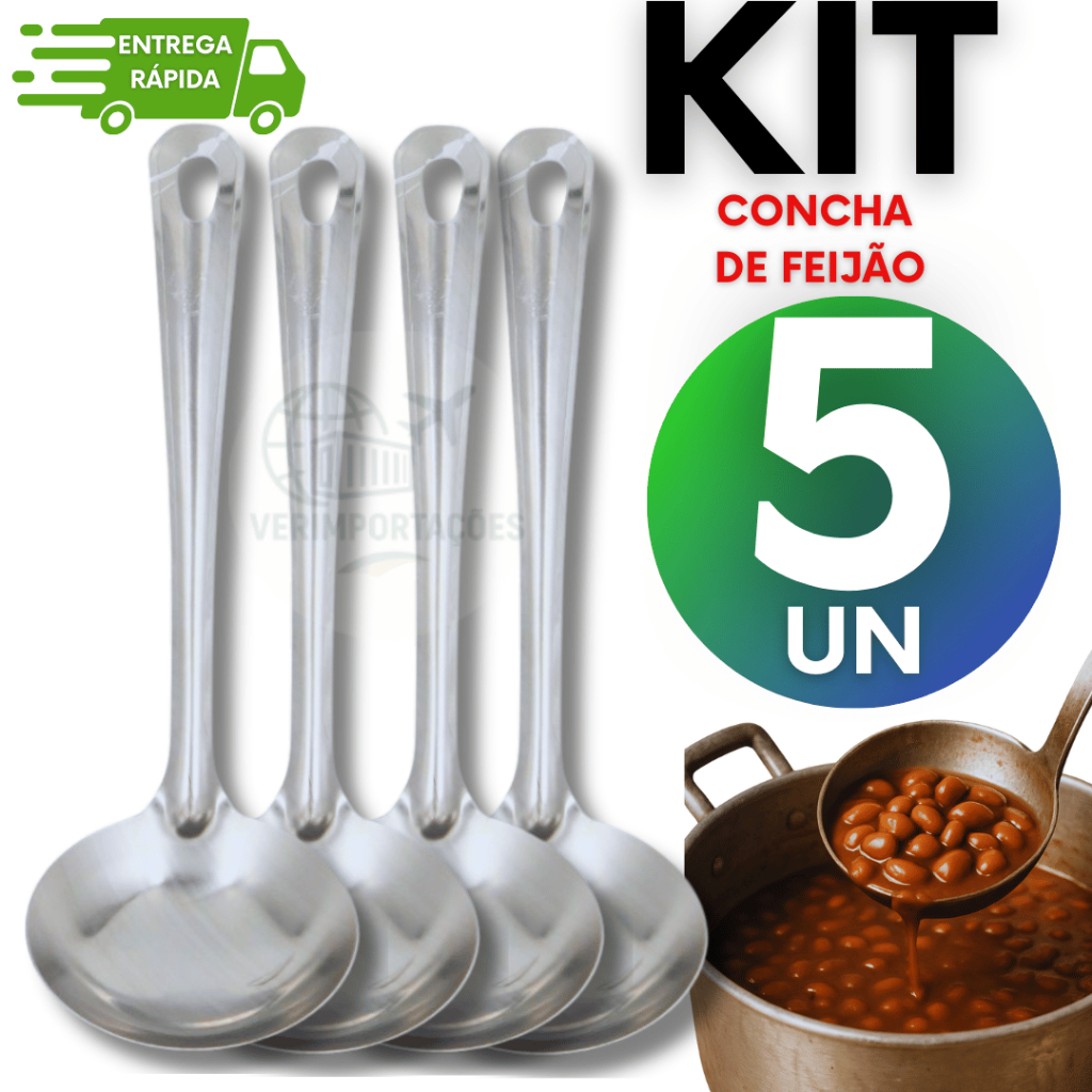 KIT 5 Concha de Feijão Aço Inox GRANDE Resistente para Servir Molho Feijão Sopa Casa Restaurante