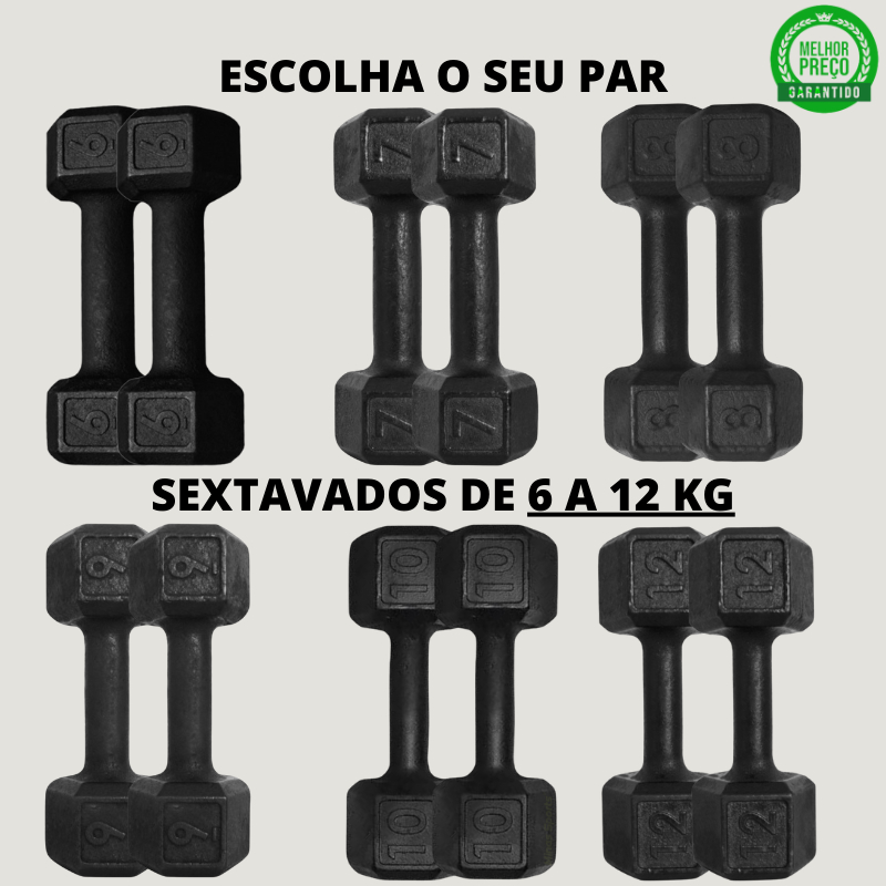 Par Halter Sextavado Pintado - 6 Kg a 12 Kg / Treino Musculação Peso Academia Fortalecimento Muscular C/ 2 Un