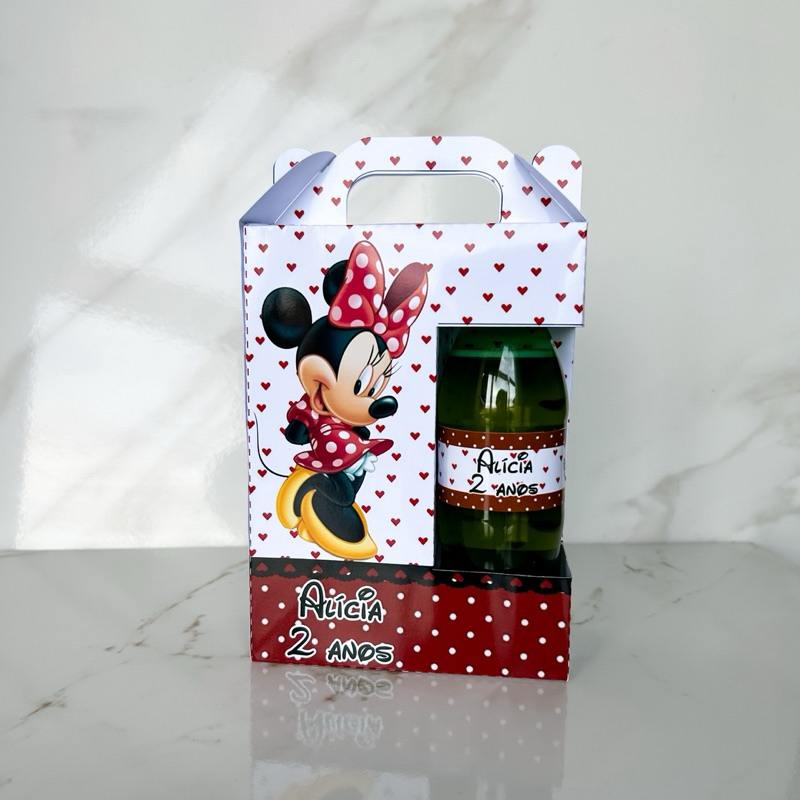 Caixa Maletinha Minie Surpresa com Suporte para MiniRefri + Rotulo Personalizados para Festa Infantil/ aniversários