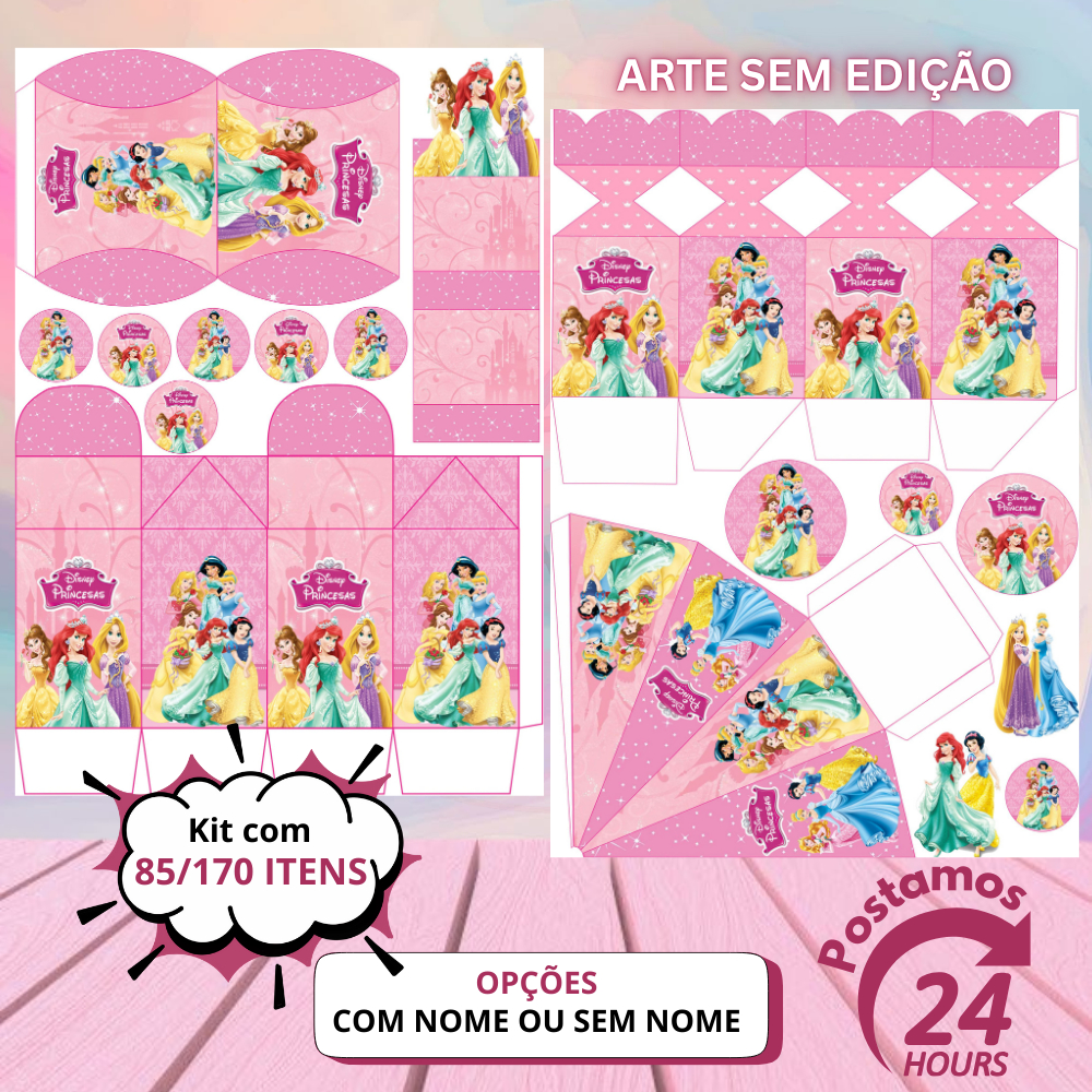 Kit com 170/85 itens Tema: As Princesas Disney Lembrancinhas Personalizadas sem/com NOME - Envio 24H
