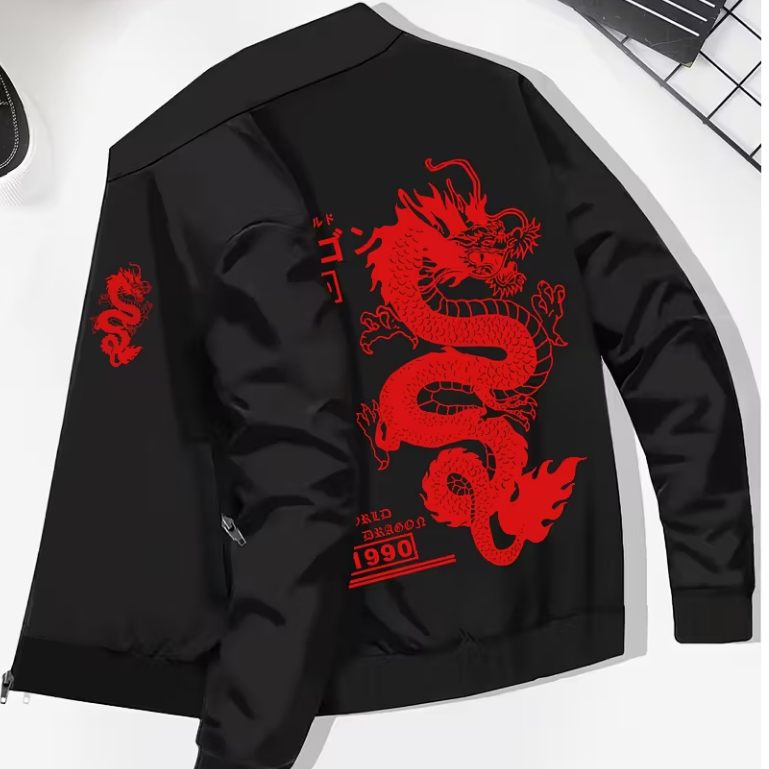 Jaqueta Esportiva Masculina Bomber Dragão 1990 Tokyo Japão Aesthetic Academia Gym Treino Fitness Y2k