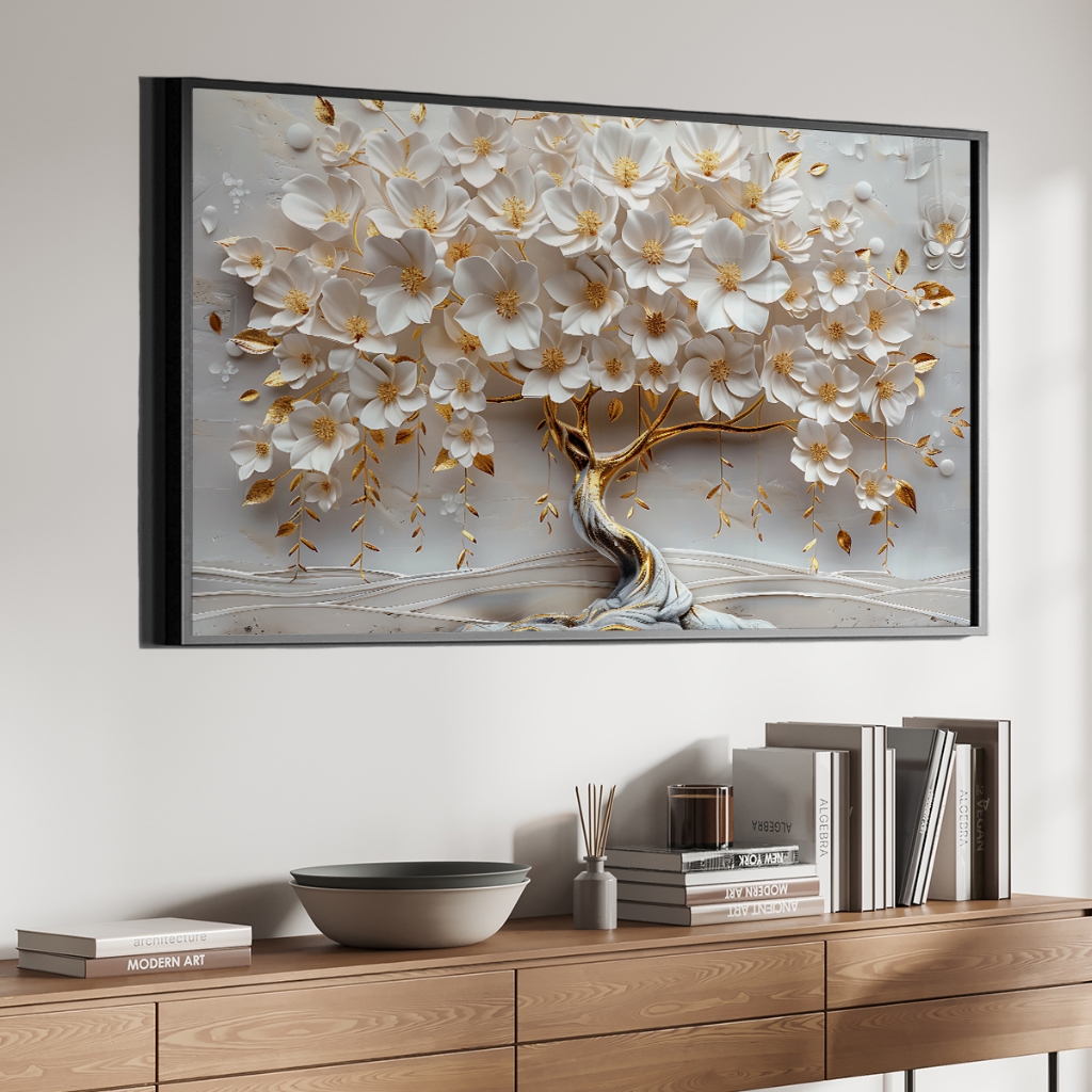Quadro Decorativo 1 Tela Árvore De Flores Dourada 120x80cm Para Sala Quarto Escritorio em Oferta na Shopee