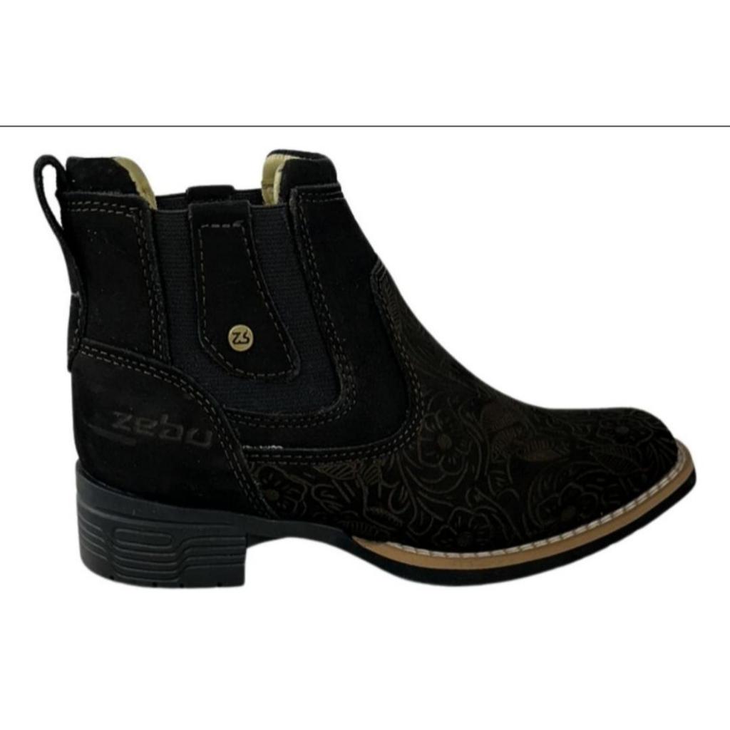 BOTA TEXANA COURO FEMININA PRETA FLORAL BICO QUADRADO ZEBU ORIGINAL