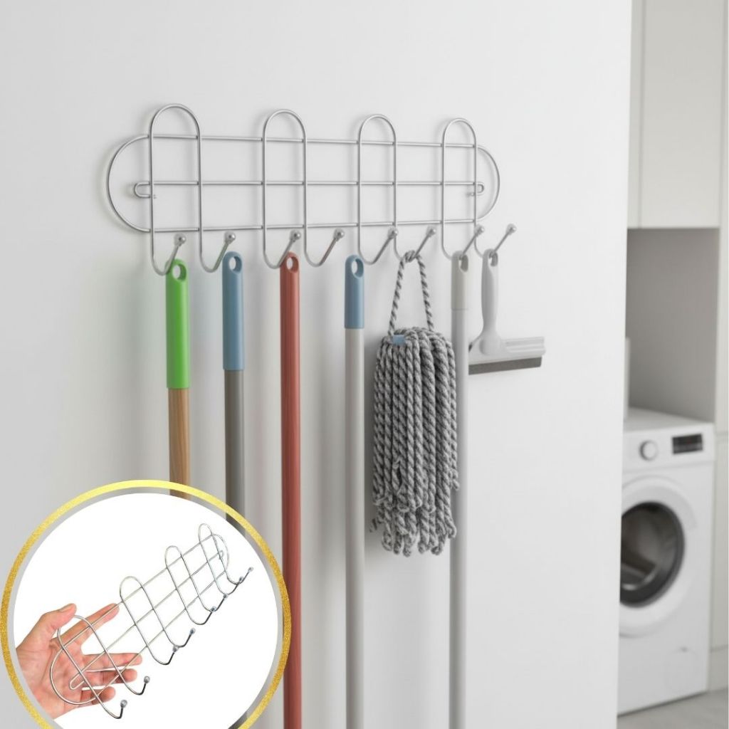 Porta Vassouras Utilidades 8 Ganchos c/ Silicone Organizador de Parede Cozinha e Área de Serviço