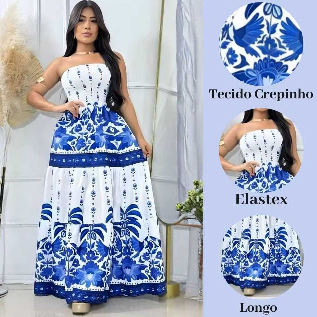 Vestido Longo Verão Estampa Tamara Azul com Elástex