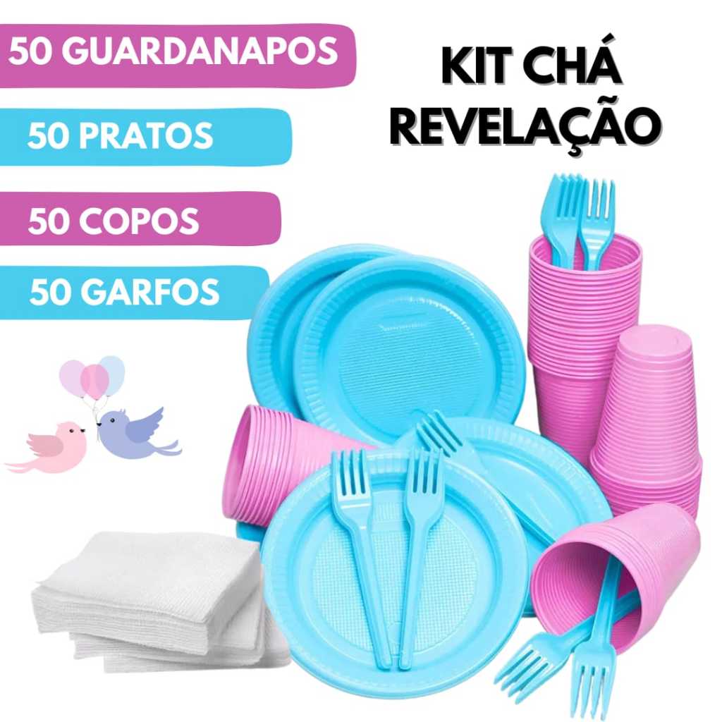 Kit Descartáveis para Festa Chá Revelação com Pratos Garfos de Sobremesa Copos de 200ml Azul e Rosa em Oferta na Shopee