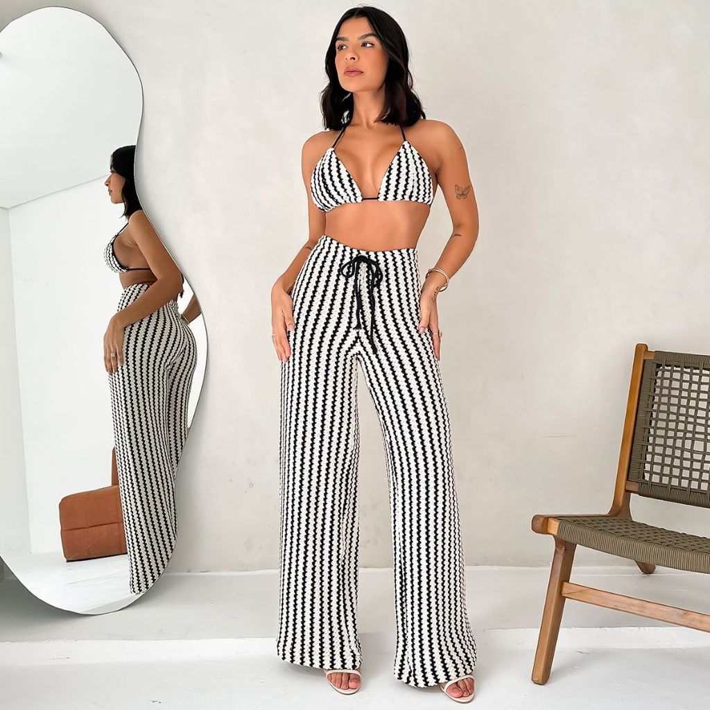 Conjunto em Malha Tricot Listrado Moda Praia Primavera Verão