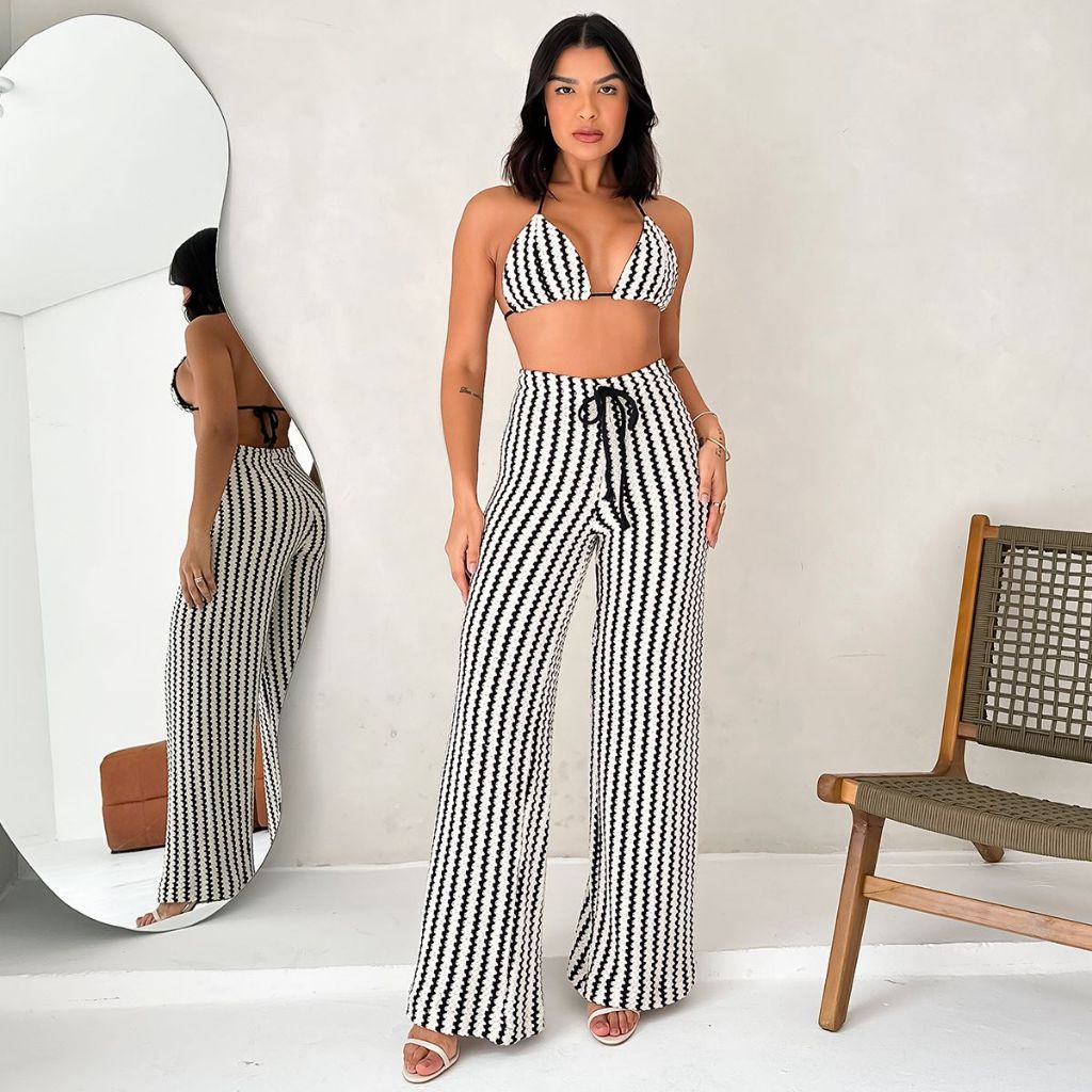 Conjunto em Malha Tricot Listrado Moda Praia Primavera Verão