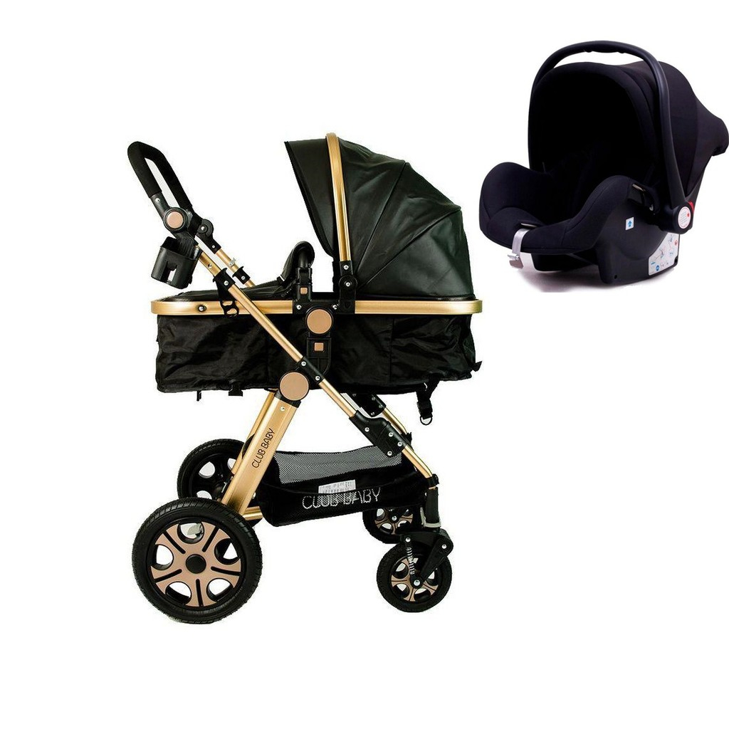 Kit Bebê 3 em 1 Carrinho Luxo com 4 Rodas e Bebê Conforto Club Baby – Cor Preta em Oferta na Shopee