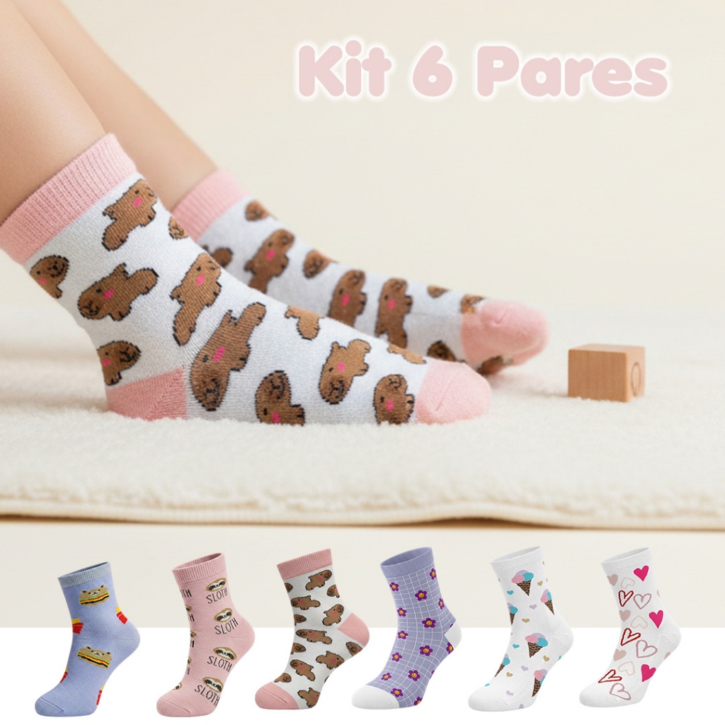 Kit 6 Pares Meia Infantil Menina Criança Coloridas Estampadas Capivara Divertida Escolar em Oferta na Shopee