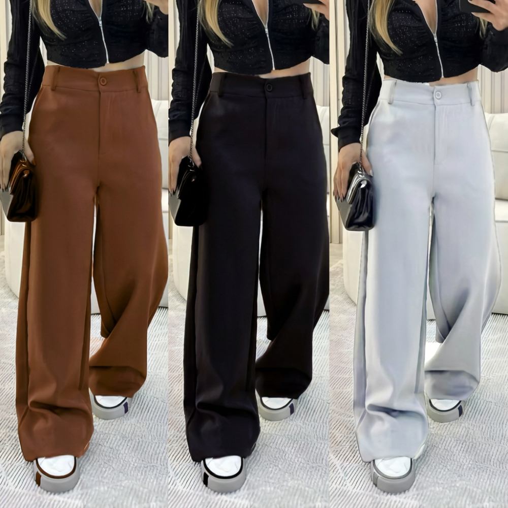 Calça Alfaiataria Pantalona Feminina Cintura Alta Bolso Social Elegante Perna Larga Moda Casual em Oferta na Shopee