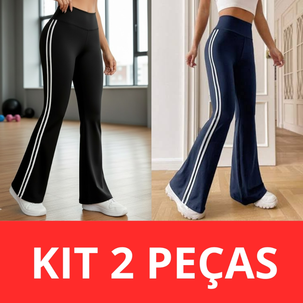 Kit 02 Calças Bailarina Cintura Alta Com Listras nas Laterais Moda em Oferta na Shopee