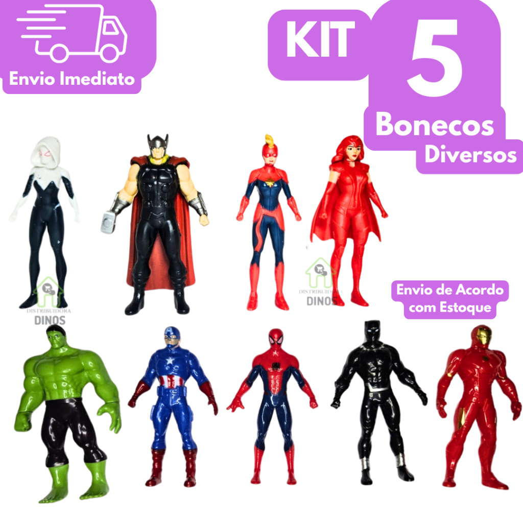 Kit 5 Boneco do Homem Aranha Hulk Homem de Ferro Capitão America Pantera Negra 9cm Boneco Marvel Super Herois