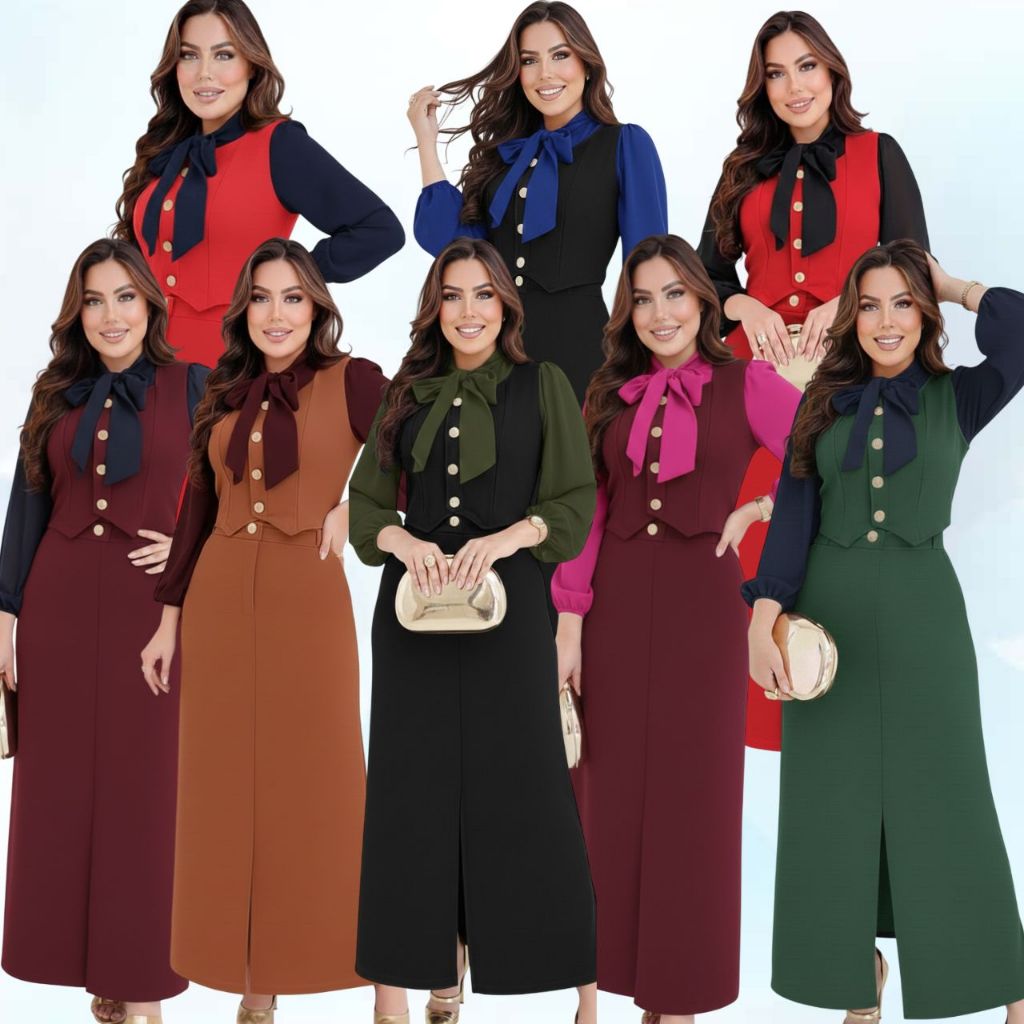 CONJUNTO ELEGANTE 3 PEÇAS: SAIA LONGA, COLETE E BLUSA MODA EVANGÉLICA CRISTÃ, CULTO CONGRESSO SOCIAL