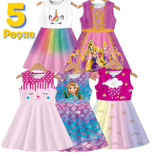 Kit com 5 Vestidos infantil Menina Estampados Temático em Oferta na Shopee