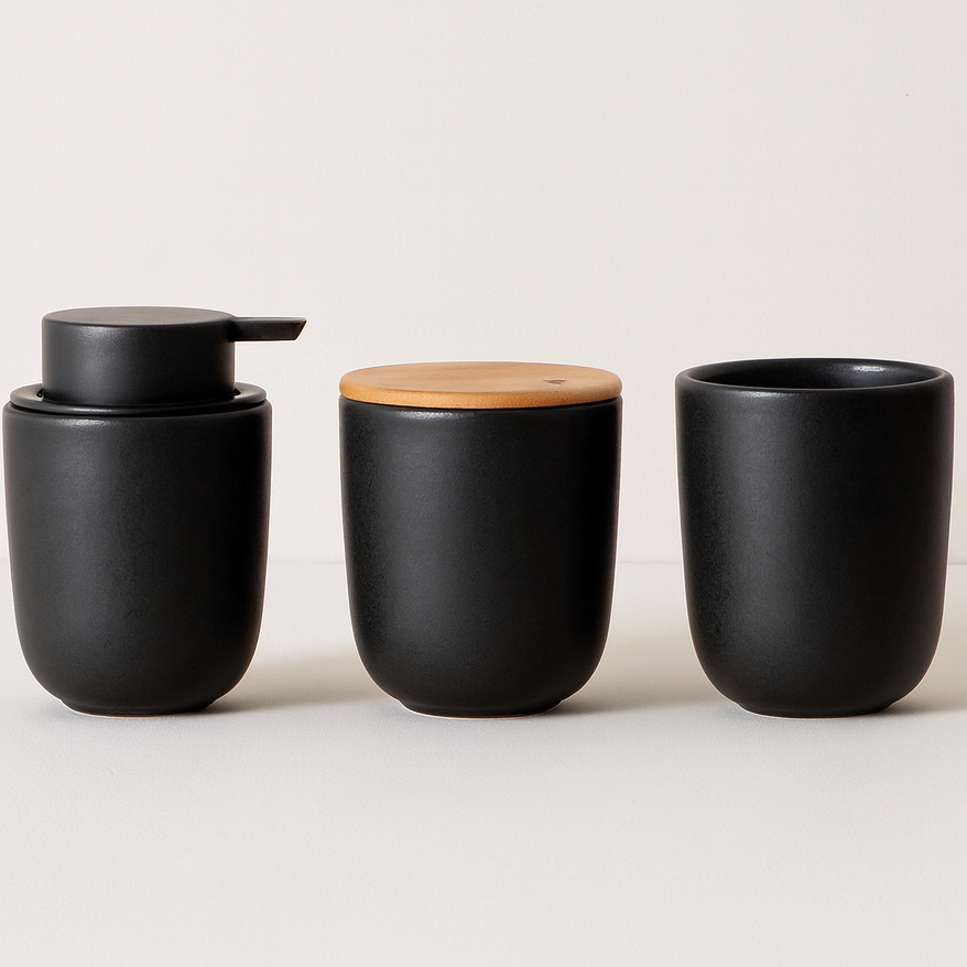 banheiro lavabo cerâmica preto porta sabonete, porta escova de dente, pote com tampa bambu