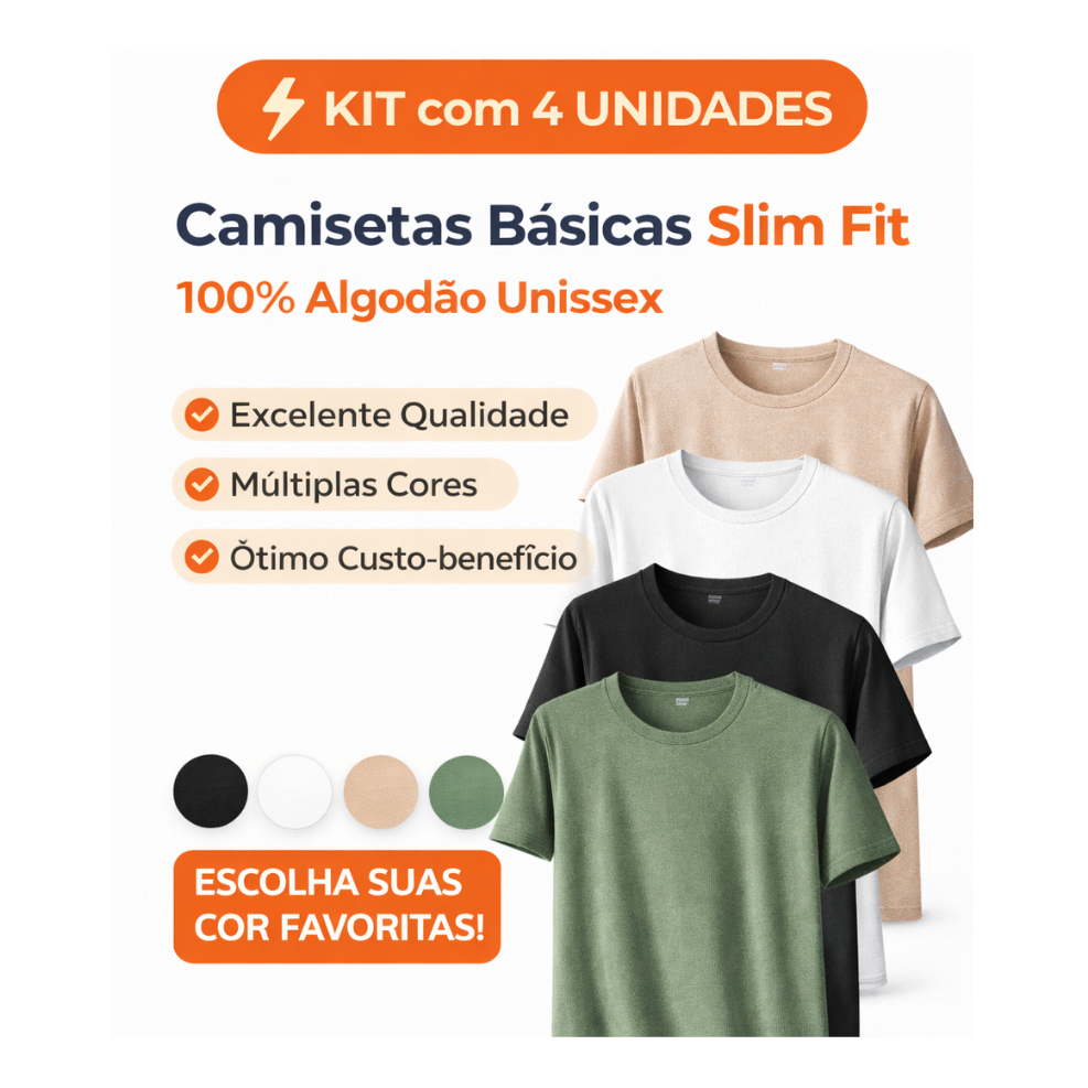 Kit 4 camiseta Básica 100% Algodão Slim Fit Unissex Lisa Manga Curta P M G GG