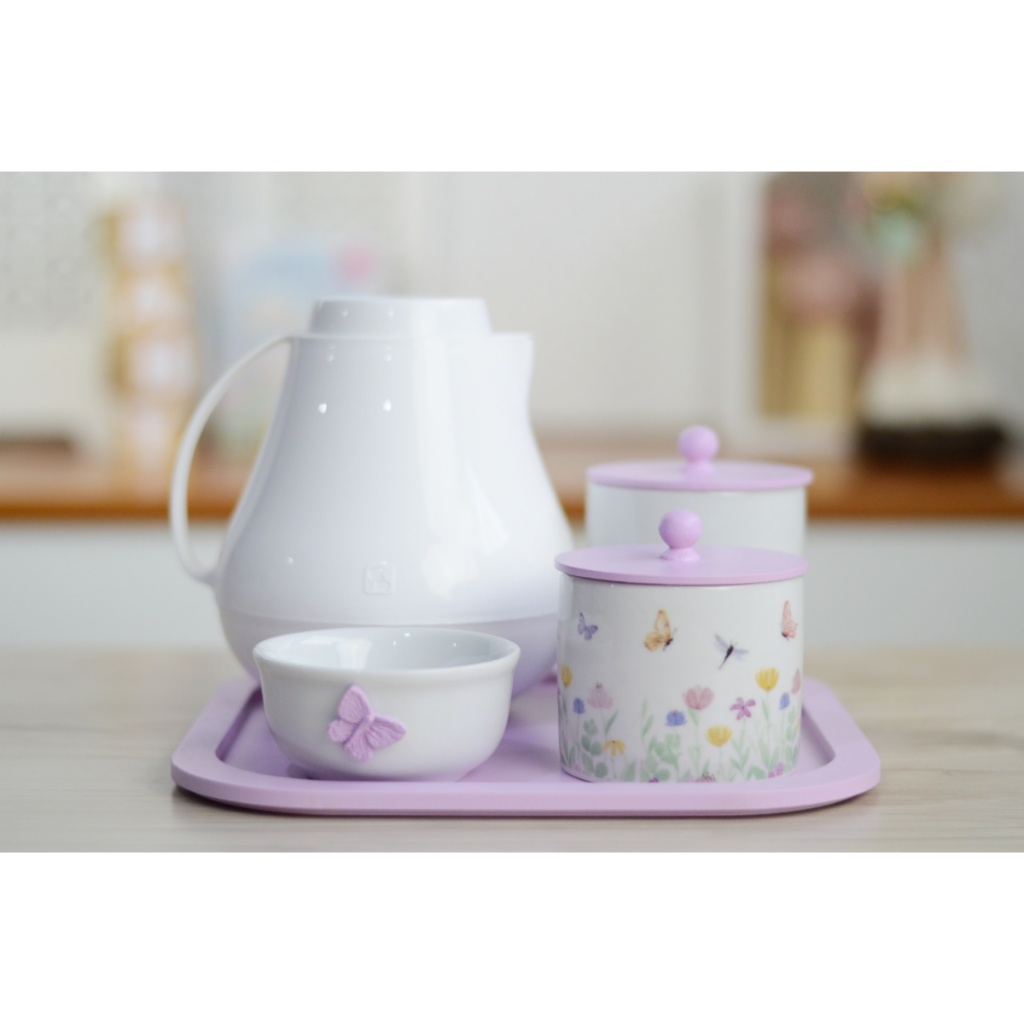 Kit Higiene Bebê Maternidade Tema Jardim Borboletas Lilas Potes Em Porcelana K196 Algodão Cotonete