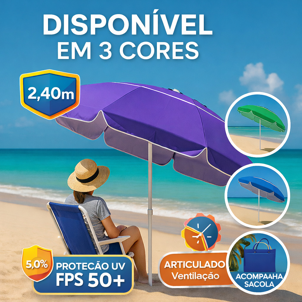 Guarda Sol Gigante Articulado 2,40m Praia Piscina Pesca Proteção UV Verão 2024 Bolsa de Transporte
