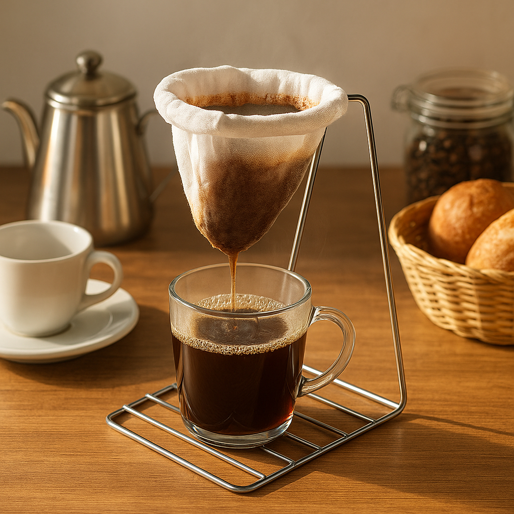 Mini Coador de Café  Individual com Coador de Pano Suporte em Aço Cromado e Colher Medidora Águia