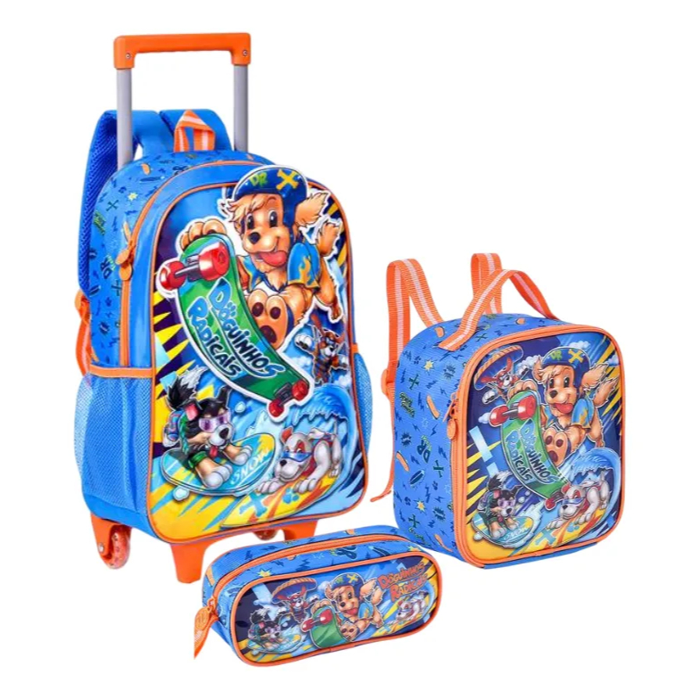Kit Mochilas De Rodinhas + Lancheira + Estojo Clio Azul - Doguinhos Liso em Oferta na Shopee