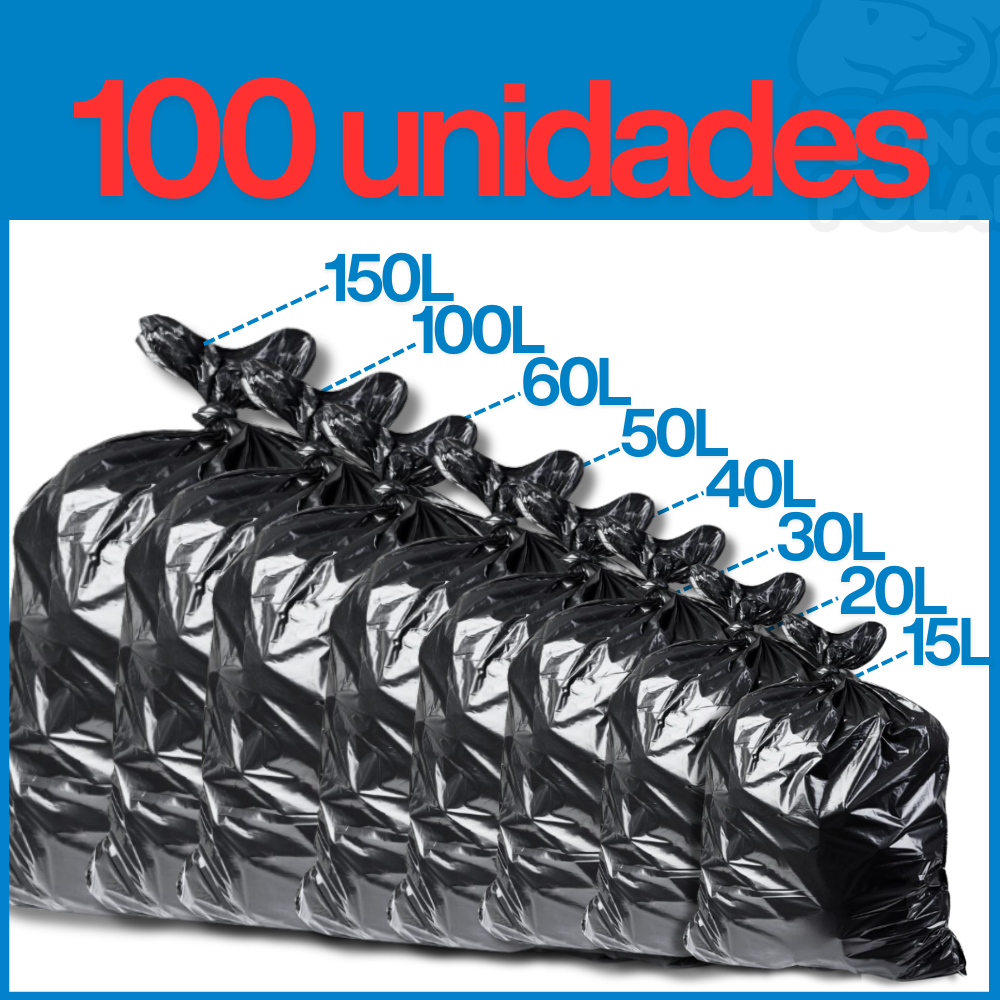 Saco de Lixo 100 unidades Resistentes - Tamanhos 15/20/30/40/50/60/100/150 Litros