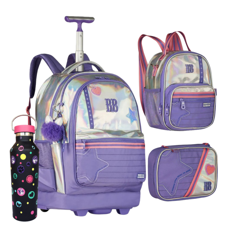 Conjunto Rebecca Bonbon Holografica De Rodinha Mochila+Estojo+Lancheira+Garrafa 500ml Clio