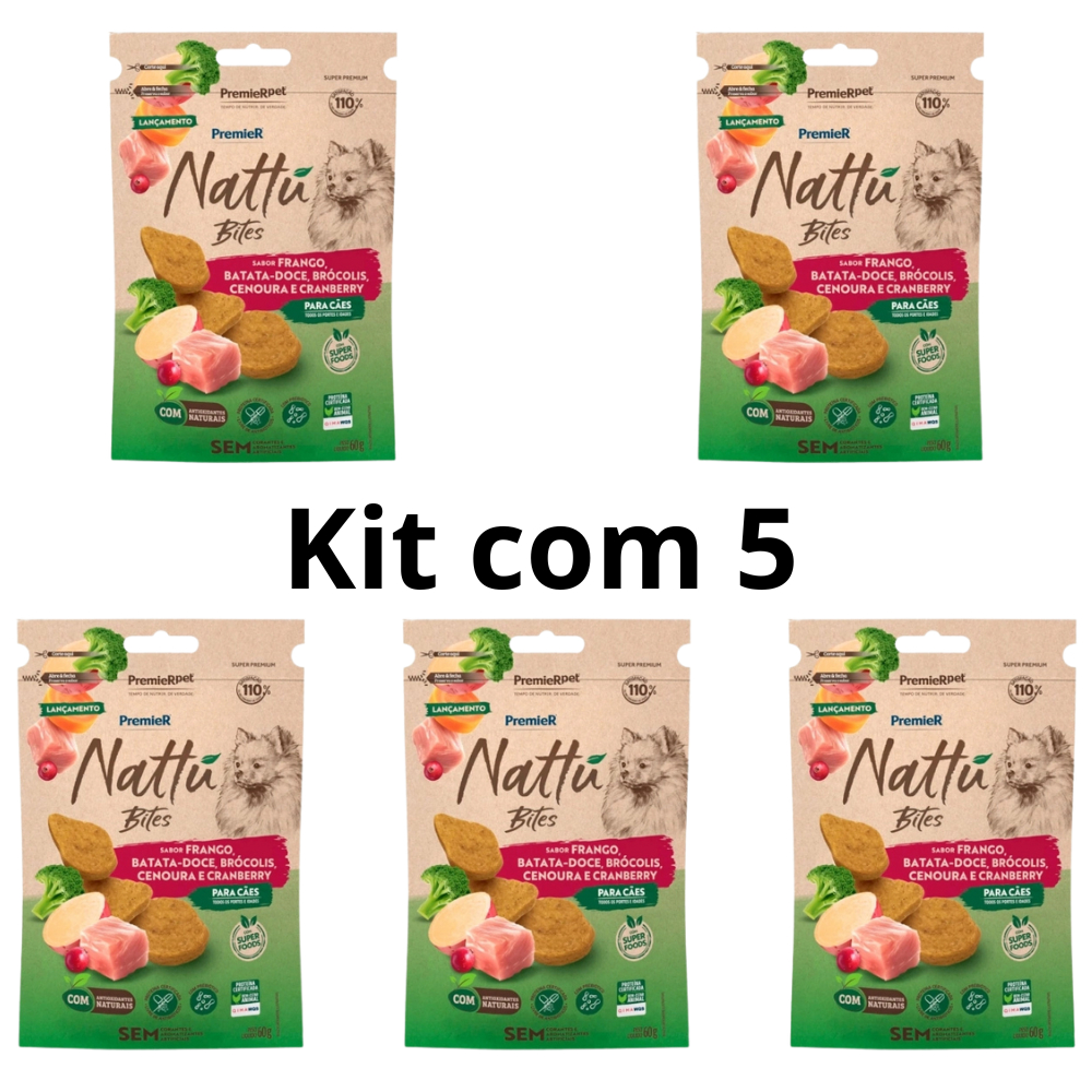 Premier Nattu Bites 60GR Cães De Todas as Raças, Frango/Batata-Doce/Cenoura/Brocolis e Cranberry Kit com 5