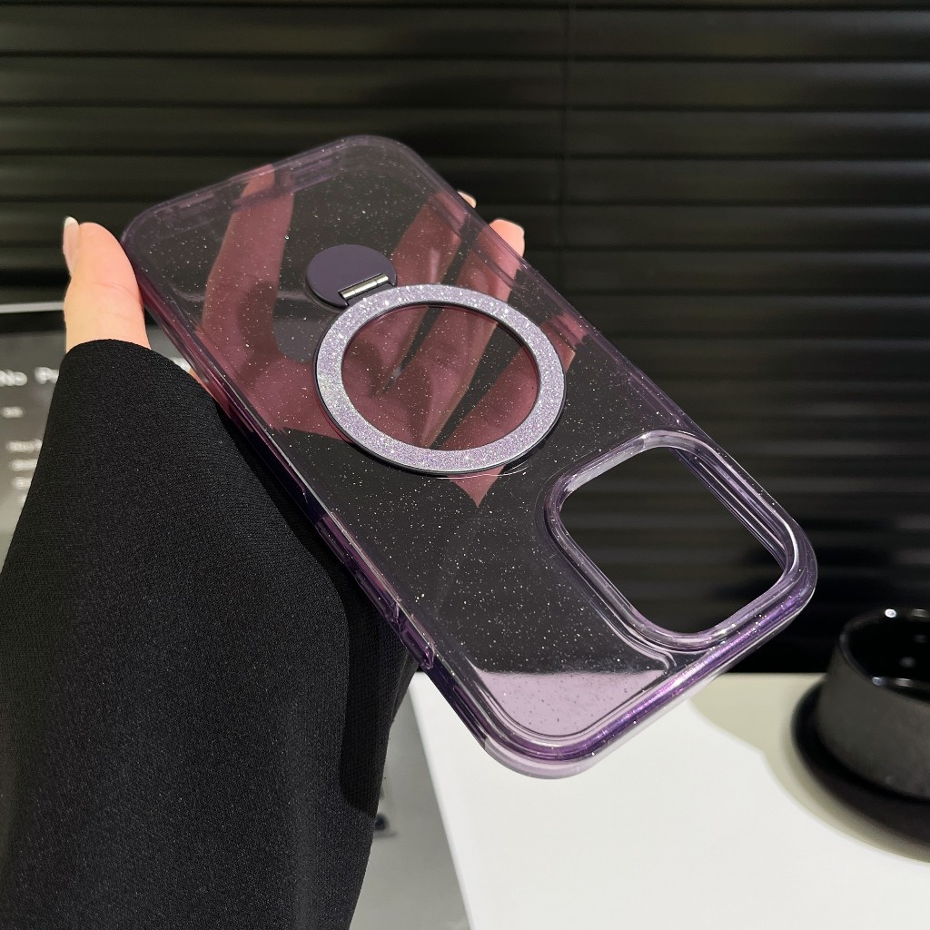 Capa Transparente com Glitter & Suporte Circular para iPhone 16 16e 16 Pro Max 17 17 Air 17 Pro (PMD)