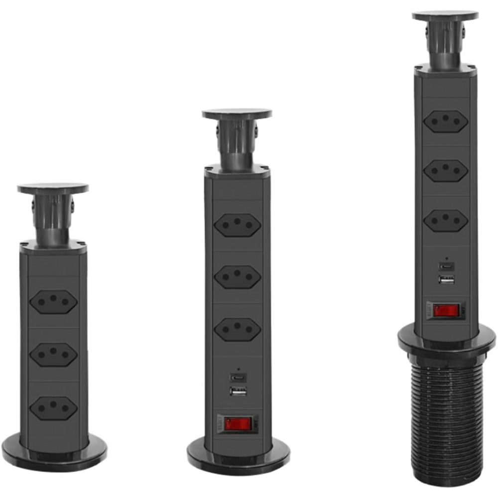 Torre De Tomadas 10A Multiplug Com 3 Tomadas USB + USB c De Embutir Mesa Bancada Preta
