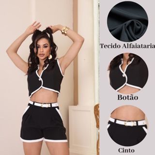 Conjunto Alfaiataria Bicolor Cropeed Com Botão Short Com Cinto Ajustável Zíper De Fecho Lateral  Disponível Varias Cores em Oferta na Shopee