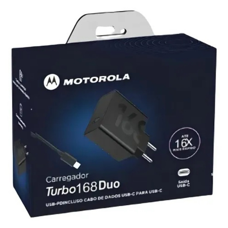 Carregador Turbo 168 Duo Motorola USB-C com Cabo Rápido 16X Mais Rapido