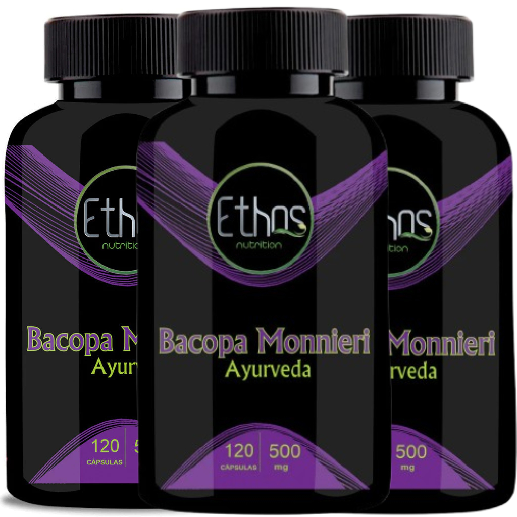 3 Bacopa Monnieri 500 mg - 360 Cápsulas Ethos Nutrition Focu e Energia