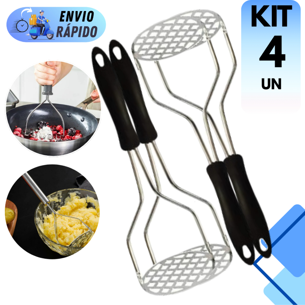 KIT AMASSADOR DE BATATAS INOX PROFISSIONAL COM CABO PLÁSTICO PARA COZINHA E RESTAURANTES LEGUMES FEIJÃO PURÊ