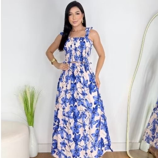 Conjunto Feminino Floral com Lastex – Saia Longa e Cropped
