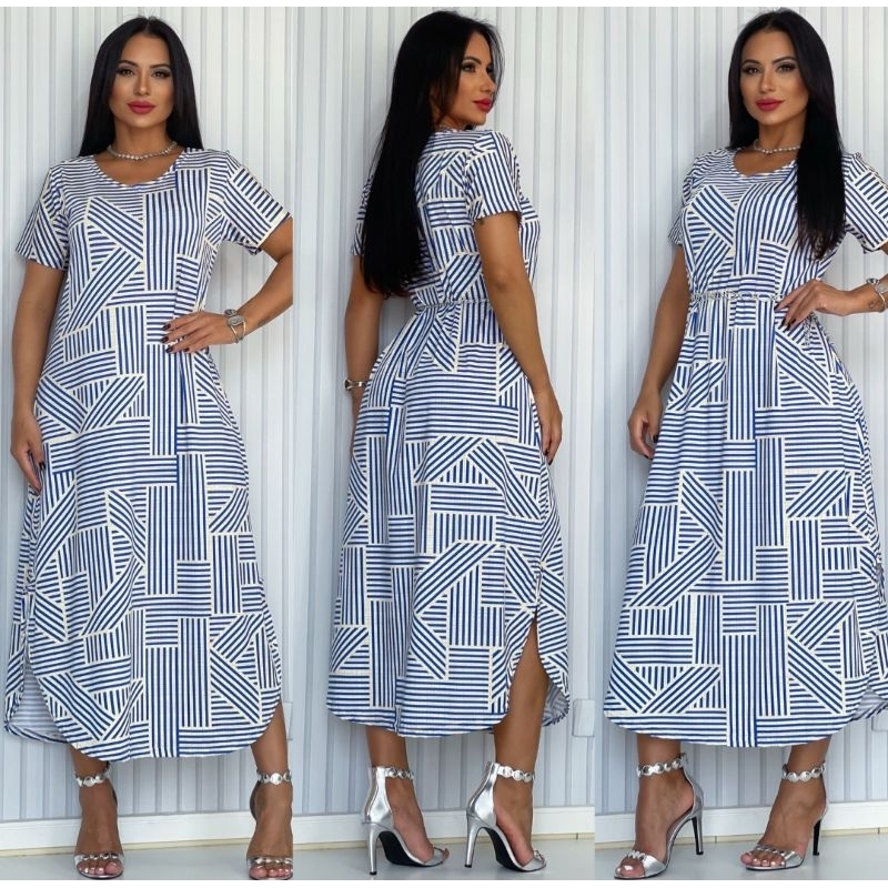 Vestido Longo c Manga Estampado Saruel Feminino.