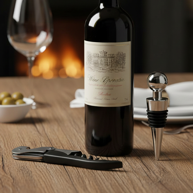 Kit de Vinho com Estojo – Saca-Rolha Tipo Canivete em Inox + Vedador de Vinho Cônico com Silicone