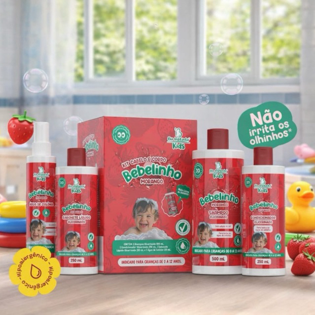 Kit Capilar Bebelinho Morango Bio Intinto 4 itens Cuidado Delicado com Fragrância Suave de Morango