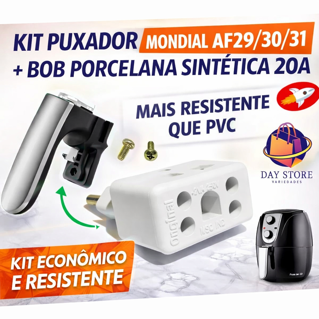 Kit Puxador Air Fryer Compatível Mondial AF29 AF30 AF31 + Bob Porcelana Sintética 20A