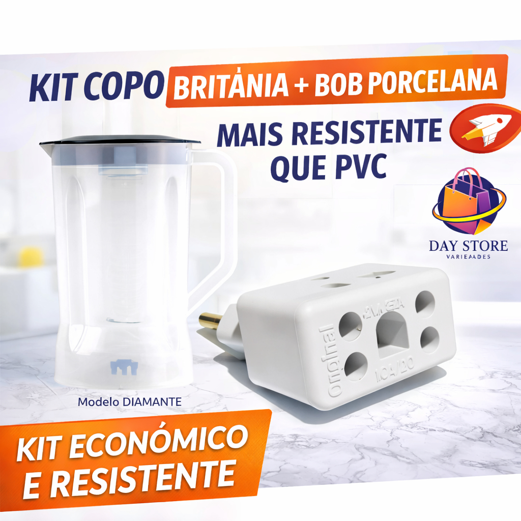 Kit Copo Compatível Britania Diamante 800  + Adaptador BOB Porcelana Sintética - tomada 10A / 20A