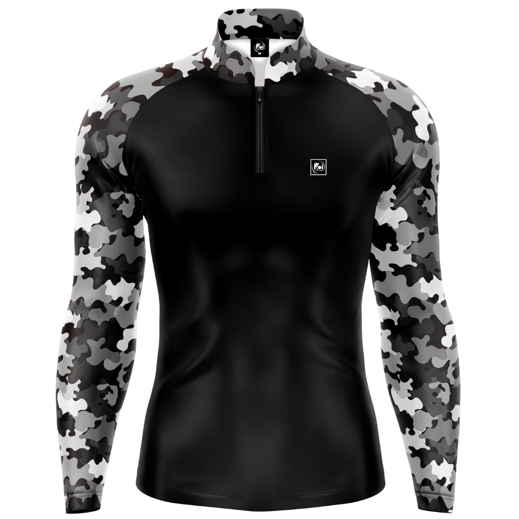 Camiseta Camisa Blusa Casual Pesca Agro Camuflada Preto e Branco Com Zíper Proteção Uv50+