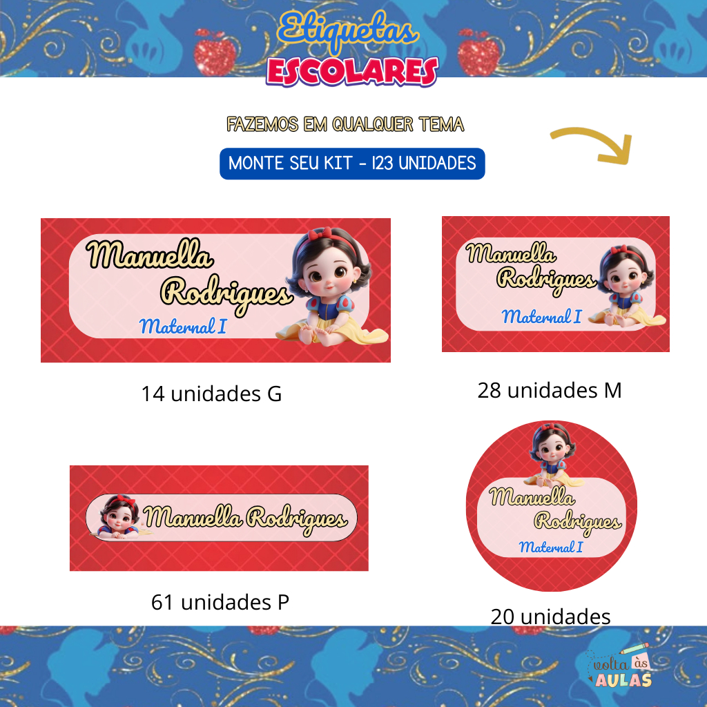 Kit 123 Etiquetas Escolares Personalizadas - Tema Branca de Neve Baby Princesas Disney Adesivo a Prova D'água Maternal
