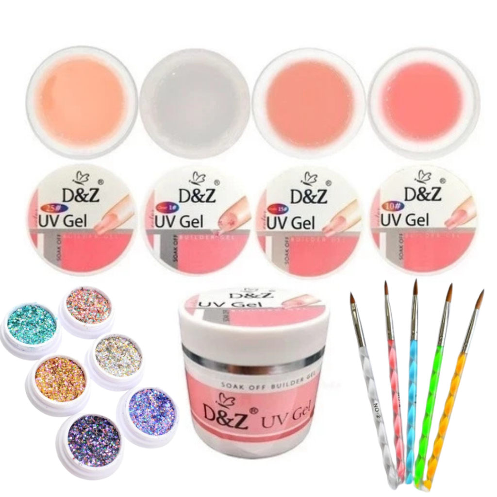 KIT 5 Gel da D&Z Led UV Gel Nude para unha tips profissional Pincel30GR + Pincel + DEcoração em Oferta na Shopee