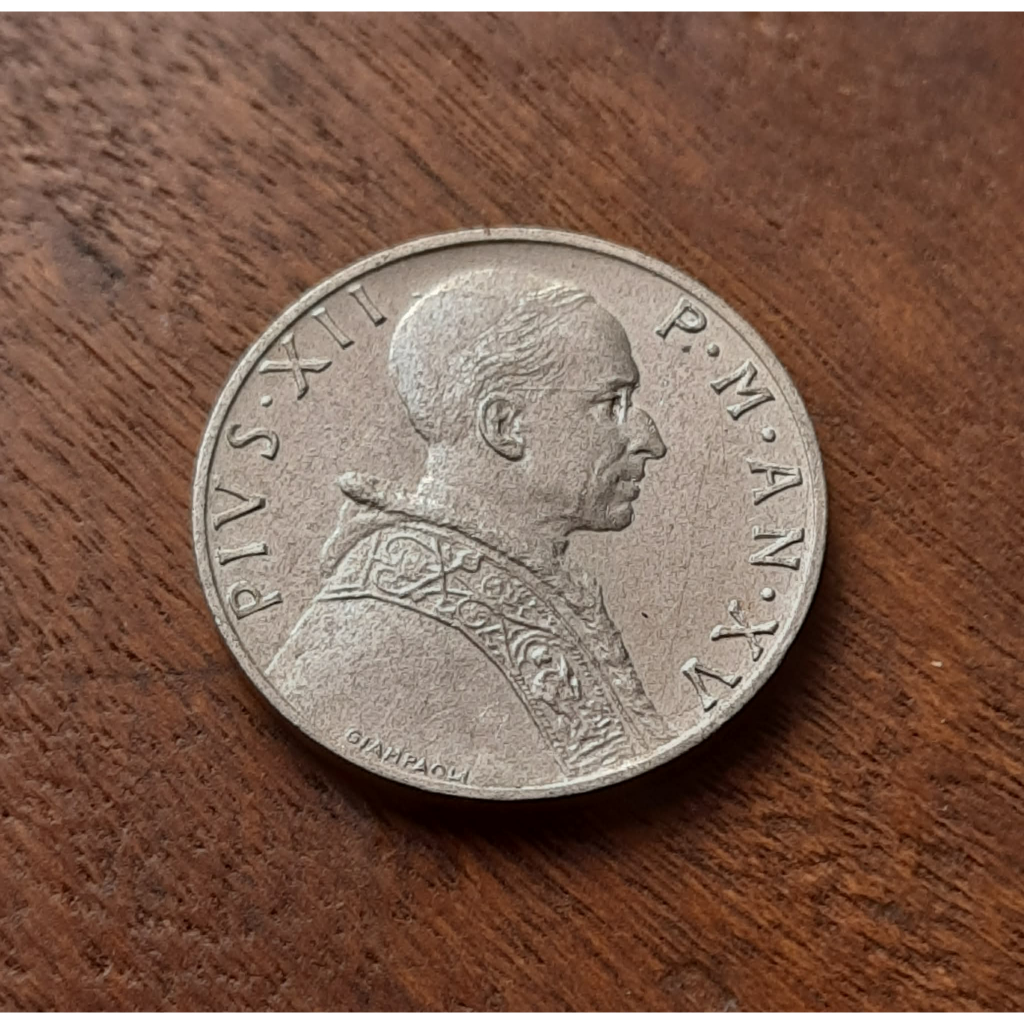 Moeda 5 Liras 1953 Vaticano - busto Papa Piu XII