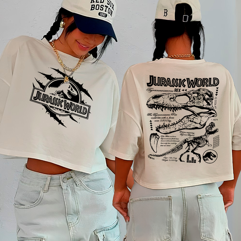 Blusa Cropped Feminino Jurassic World Park Raptor Carton Filme Geek Desenho Dinossauro Anatomia Biografio T-rex