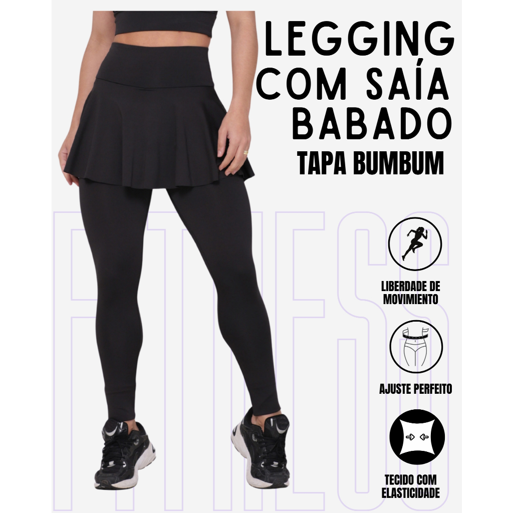 Calça Legging Saia Babado Tapa Bumbum Fitness Academia WOLFOX Em Suplex Poliéster