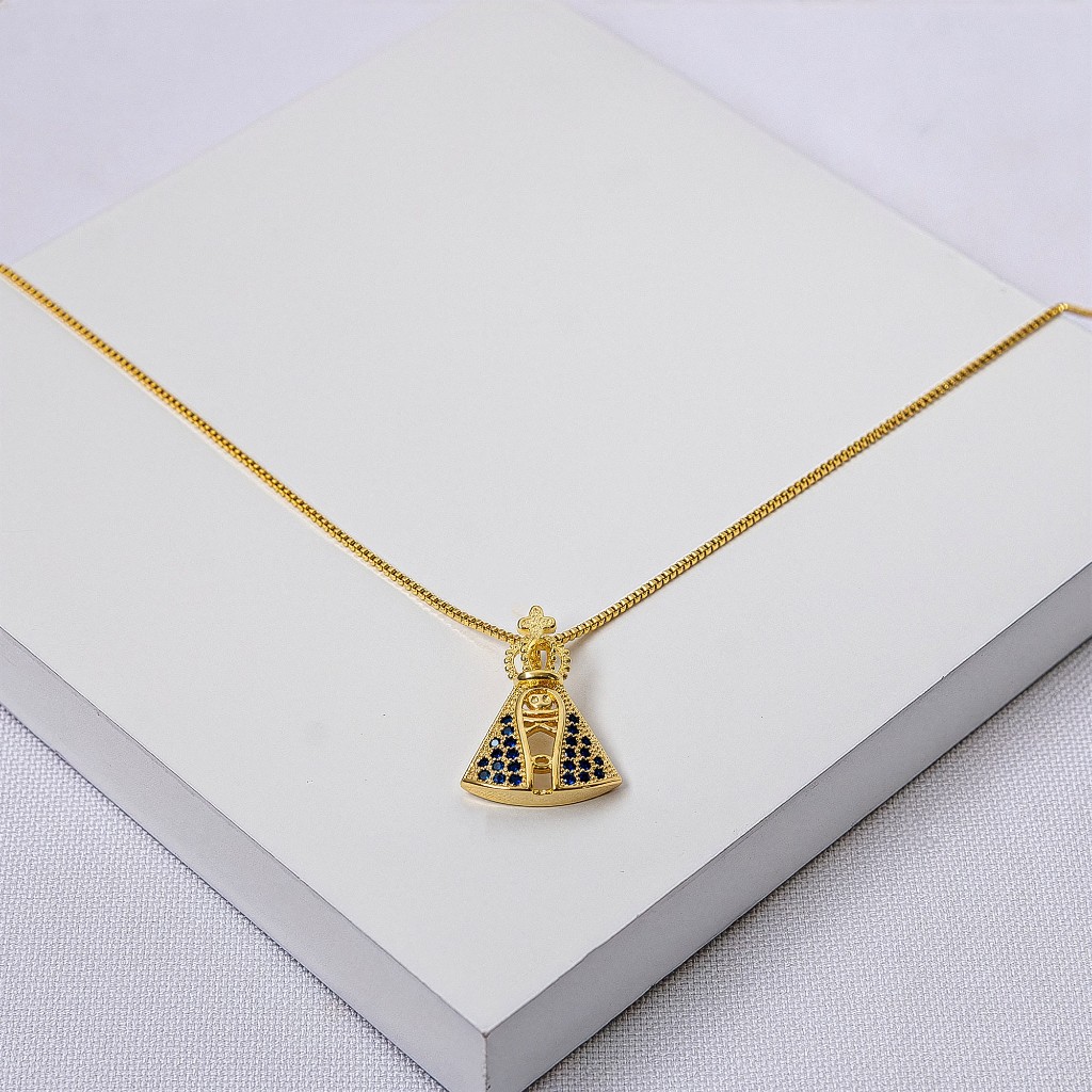 Colar Nossa Senhora Aparecida Folheado a Ouro com Zircônias Azuis