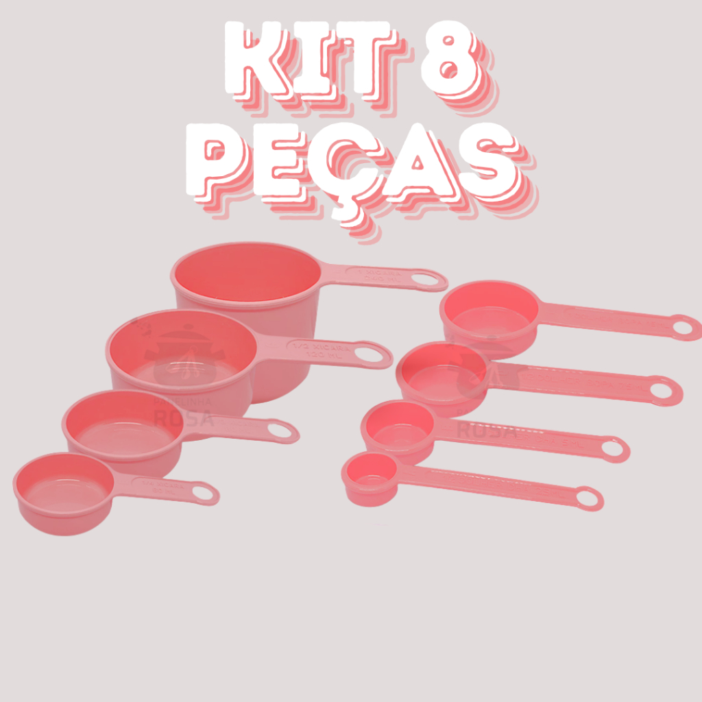 Kit Medidas Rosa 8 Peças – Xícaras e Colheres Medidoras
