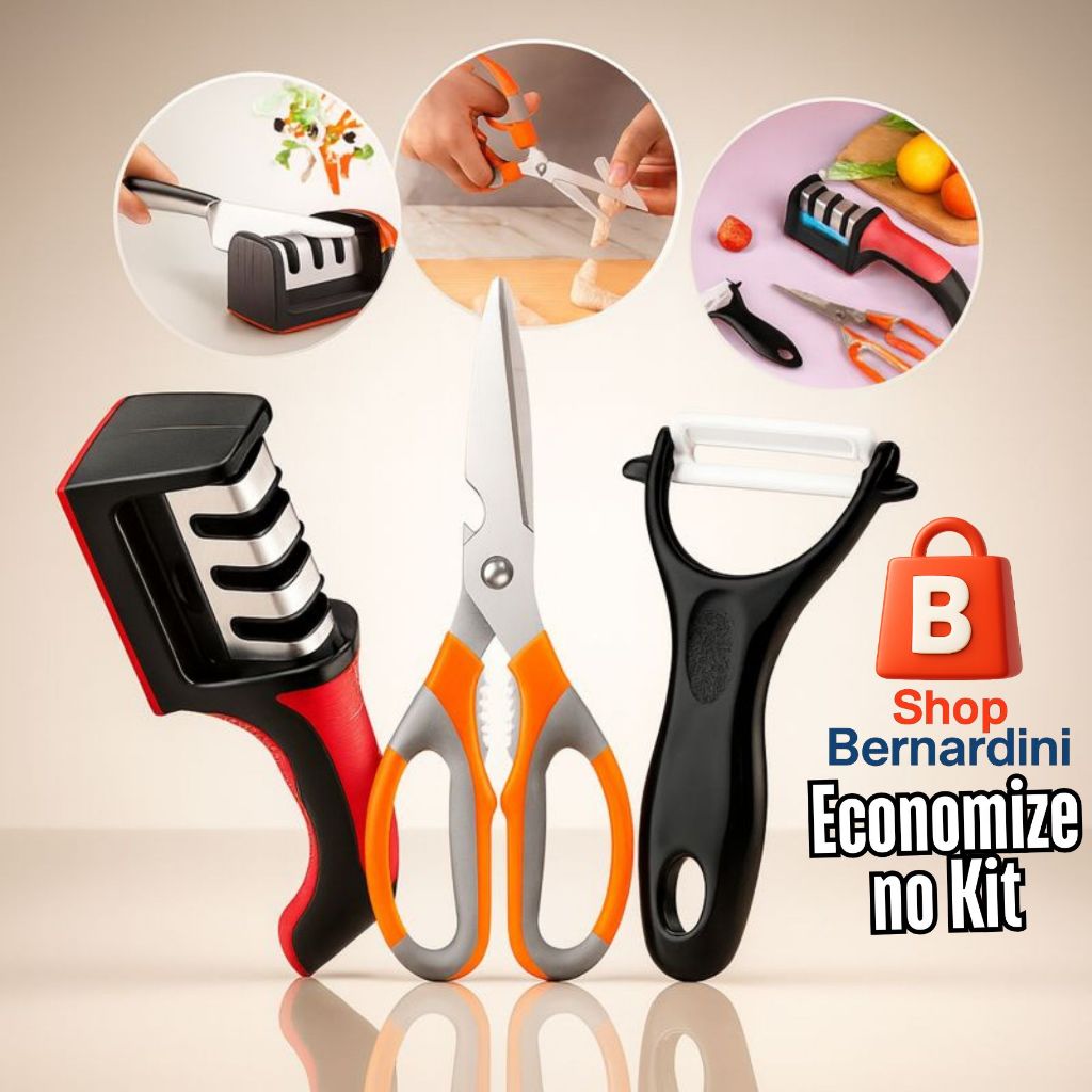 Kit de Cozinha 3 Peças Profissional com Afiador de Facas 3 Estágios, Tesoura Multiuso e Descascador Ergonômico